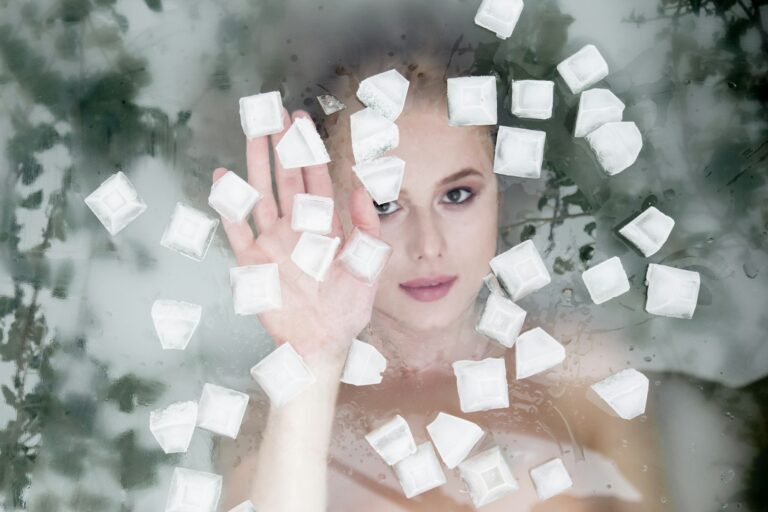 Portrait of mermaid under ice. Above view